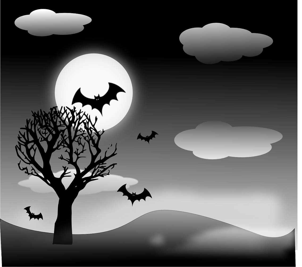 Šikšnosparniai, Vampyrai, Vampyrai, Drakula, Halloween, Kraštovaizdis, Baisu, Medis, Debesys, Nemokama Vektorinė Grafika