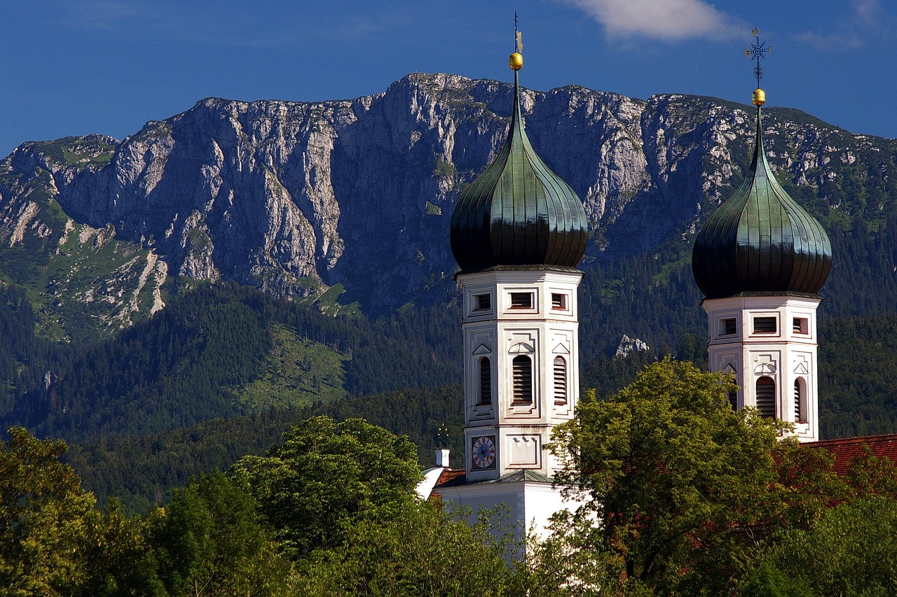 Bavarija, Vokietija, Kalnai, Dangus, Debesys, Bažnyčia, Architektūra, Bokštai, Spiers, Miškas