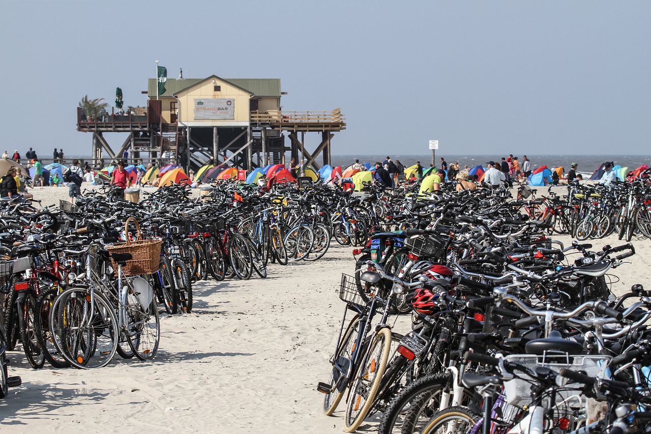 Papludimys, Dviračiai, Smėlio Paplūdimys St Peter, Ording, Kranto, Jūra, Šiaurės Jūra, Smėlis, Vasara, Šventė