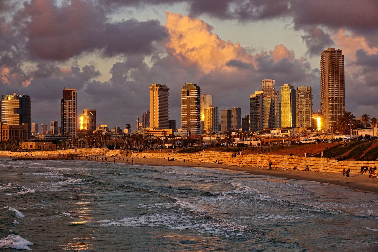 Papludimys, Tel Avivas, Saulėlydis, Afterglow, Abendstimmung, Pajūrio Kurortas, Panorama, Izraelis, Dangoraižiai, Jūra