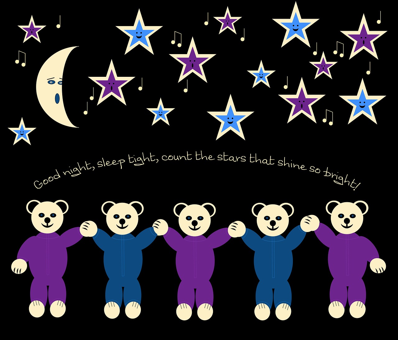 Turėti,  Teddy,  Naktis,  Mėnulis,  Žvaigždė,  Labos Nakties,  Miegok Ramiai,  Violetinė,  Mėlynas,  Juoda