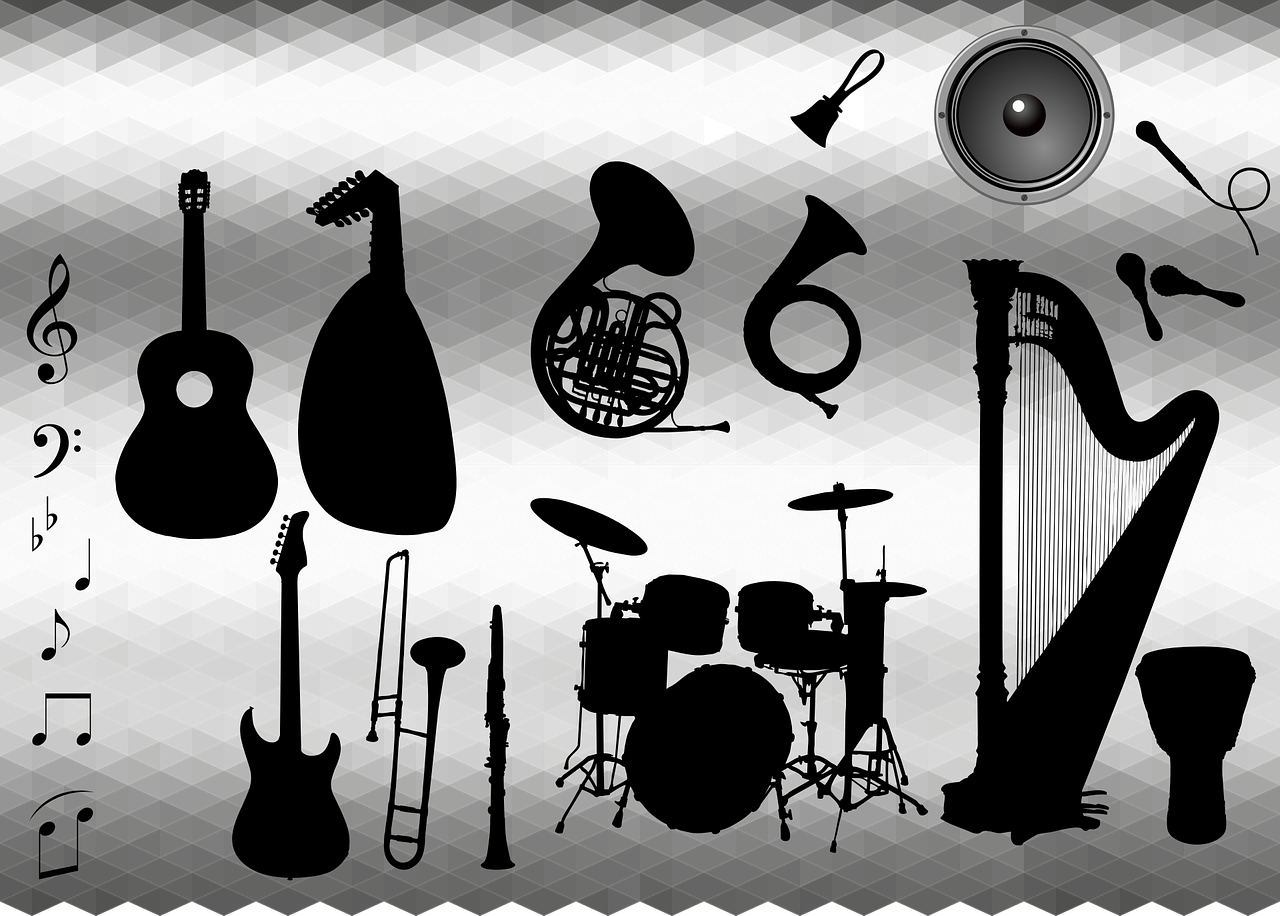 Varpas, Klarnetas, Būgnai, Gitara, Arfa, Instrumentai, Lyre, Mikrofonas, Muzikinis, Pastabos
