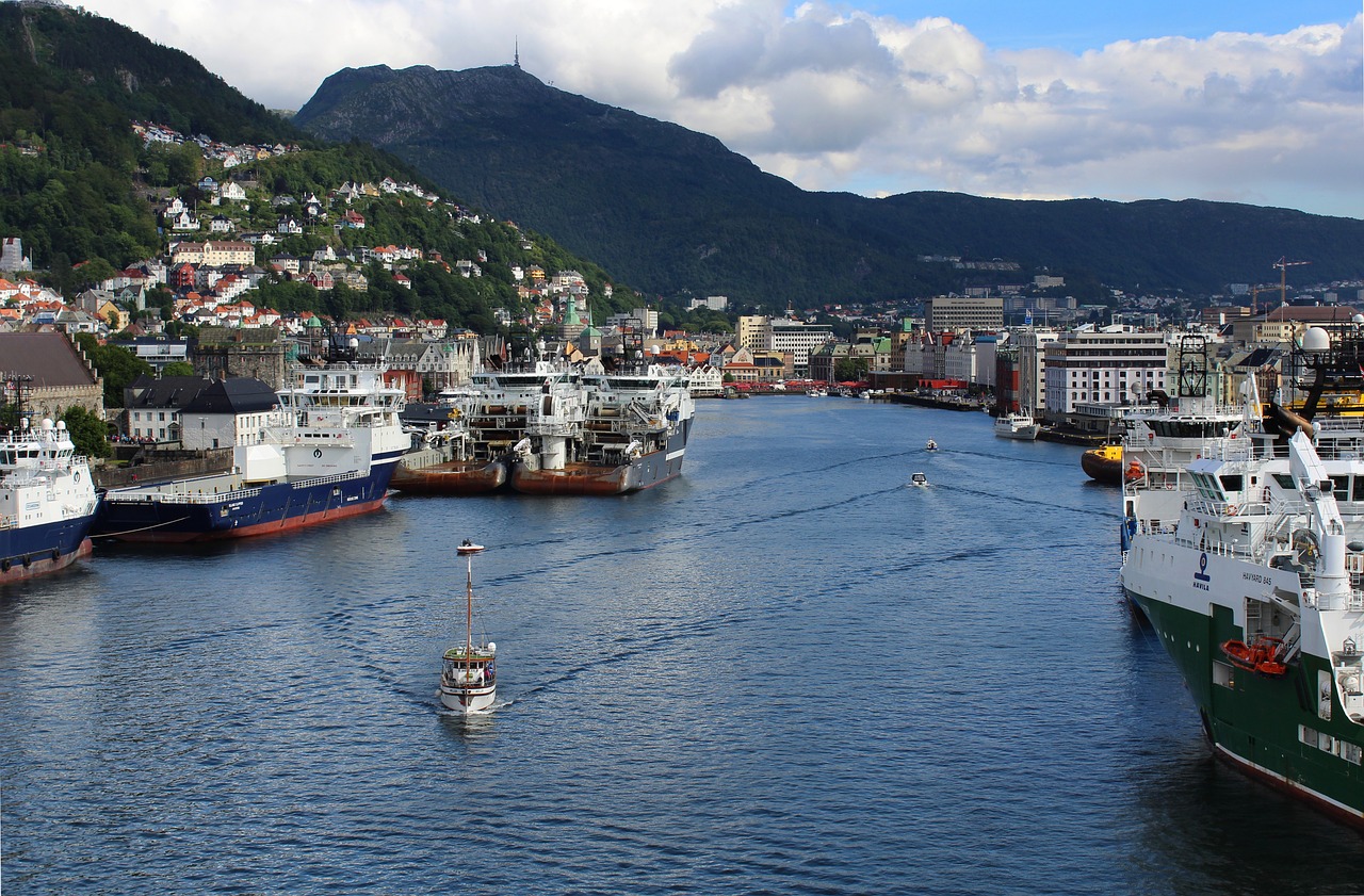 Bergen, Įėjimas, Uostas, Norvegija, Įlanka, Laivai, Pramoninis, Fjordas, Septyni Kalnai, Nemokamos Nuotraukos