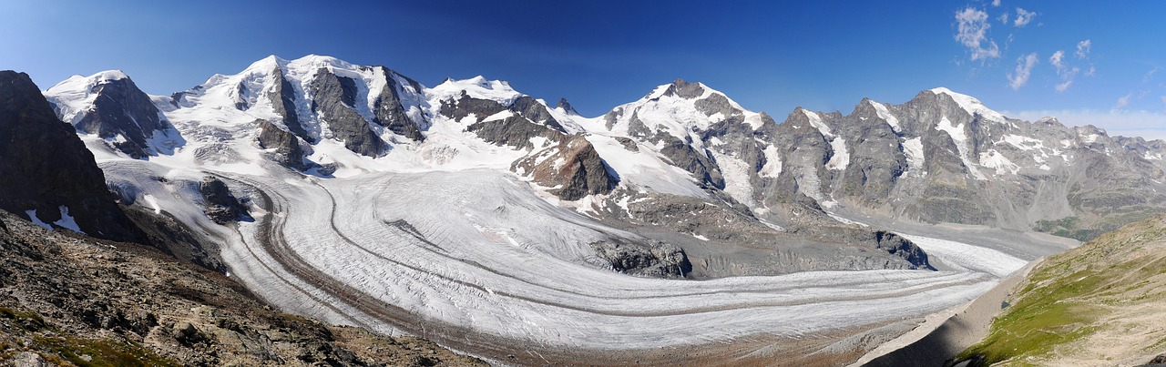 Bernina-Panorama, Rhātkon, Graubünden, Šveicarija, Diavolezza, Piz Palu, Bella Vista, Pz Bernina, Piz Morteratsch, Pers Ledynas