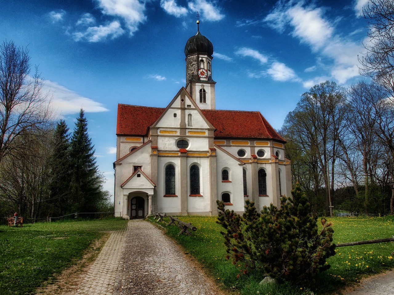 Biessenhofen, Vokietija, Bažnyčia, Dangus, Debesys, Architektūra, Šalis, Kaimas, Medžiai, Hdr