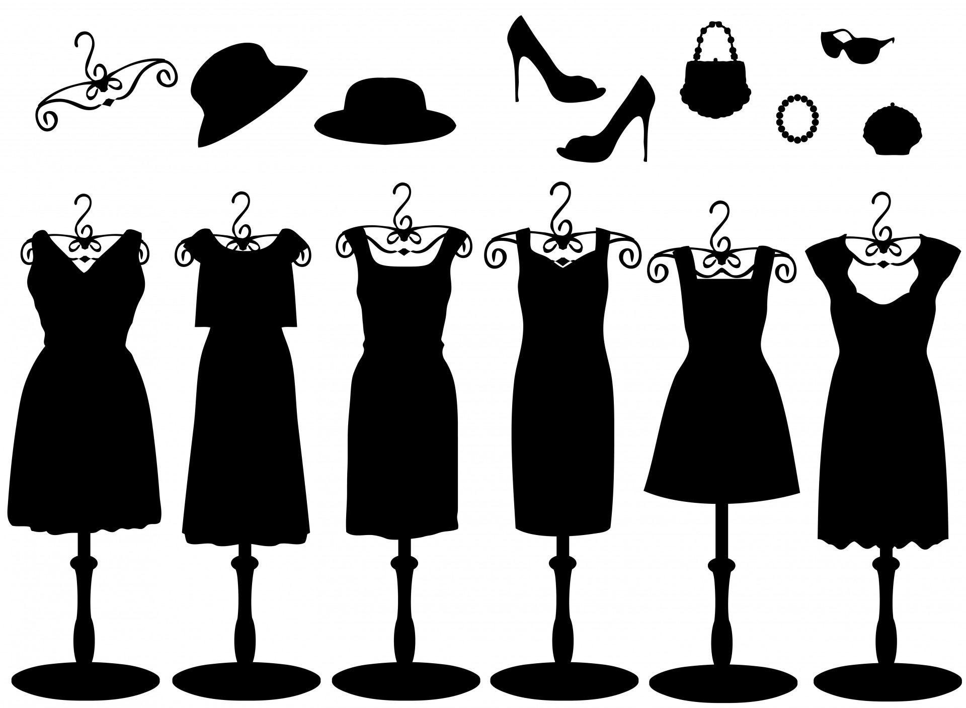 Suknelė,  Suknelės,  Aksesuarai,  Juoda,  Iliustracijos,  Skrybėlę,  Skrybėlės,  Apranga,  Avalynė,  Piniginė
