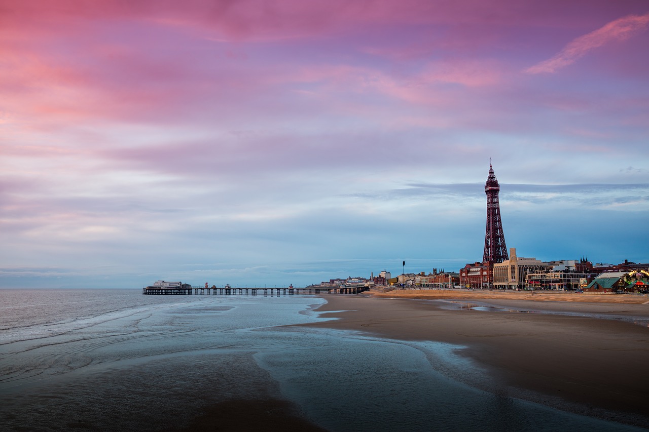 Blackpool Tower,  Blackpool,  Bokštas,  Promenade,  Saulėlydžio,  Seascape,  Kraštovaizdis,  Jūra,  Žemės,  Scape