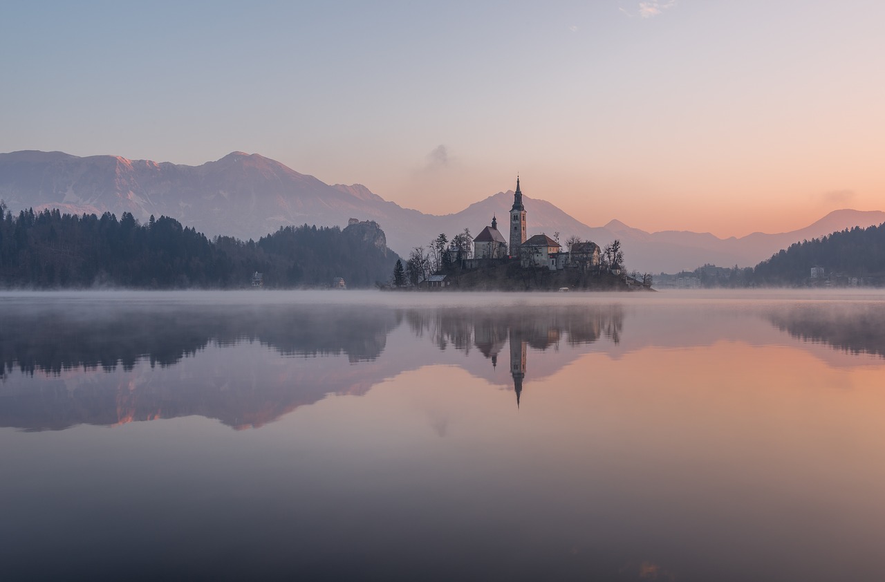 Bled, Žiema, Ežeras, Slovenia, Pilis, Sala, Alpės, Kraštovaizdis, Dangus, Bažnyčia