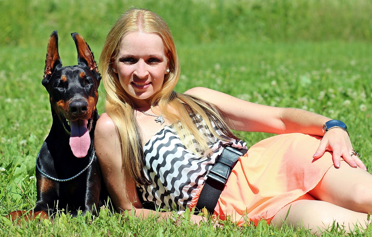 Blondinė Moteris, Guli, Žalia Žolė, Šunys, Graži, Dobermanas, Nemokamos Nuotraukos,  Nemokama Licenzija