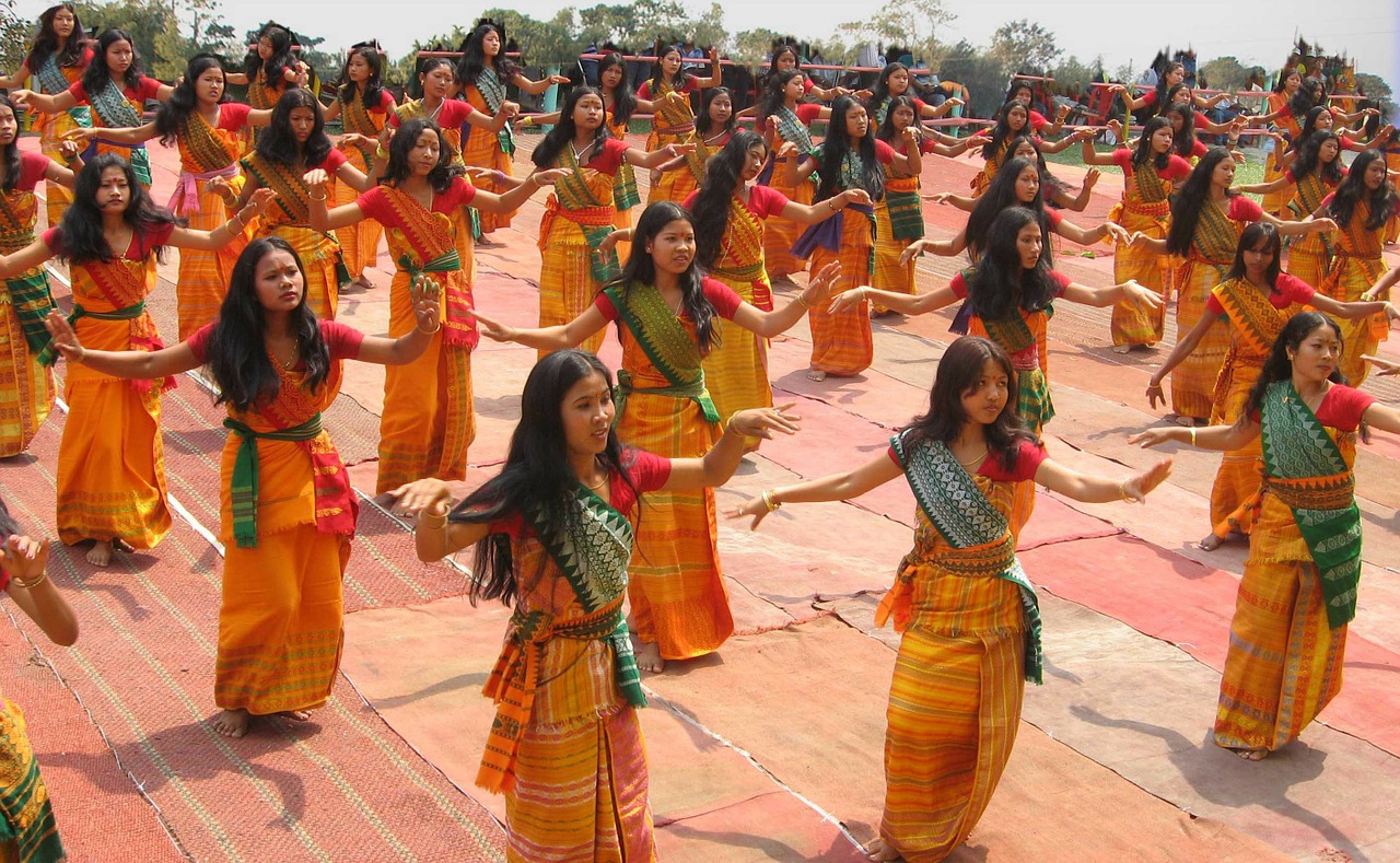 Bodoland, Indija, Moterys, Mergaitės, Šokiai, Ceremonija, Šokis, Ceremonija, Įprastas, Tradicinis