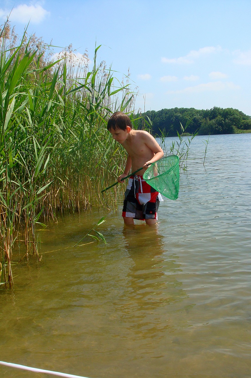 Berniukas, Fishnet, Žuvis, Nendrė, Natūralus Vanduo, Gamta, Debesys, Mėlynas Dangus, Kraštovaizdis, Šviesus