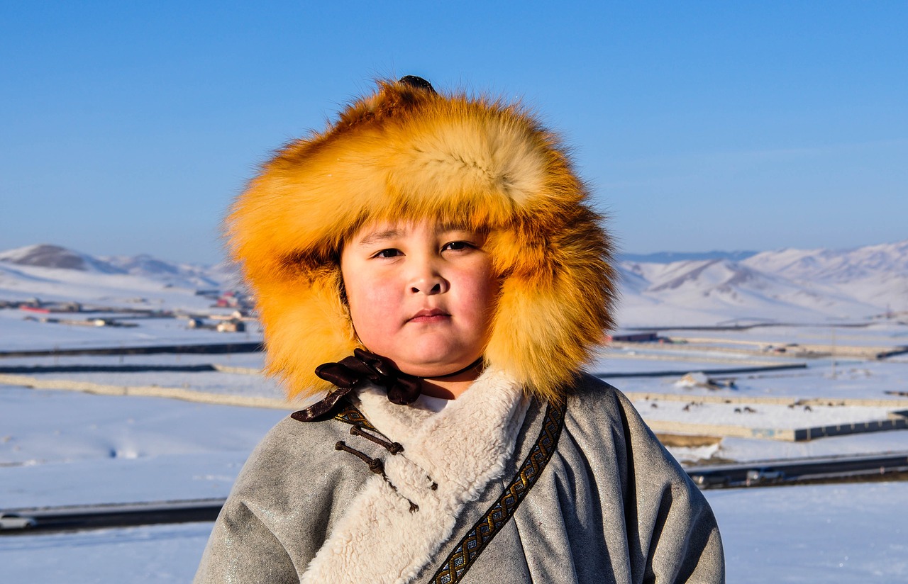Berniukas, Žiema, Vaikas, Mongolija, Sniegas, Šaltas, Skrybėlę, Kailis, Ramus, Balta