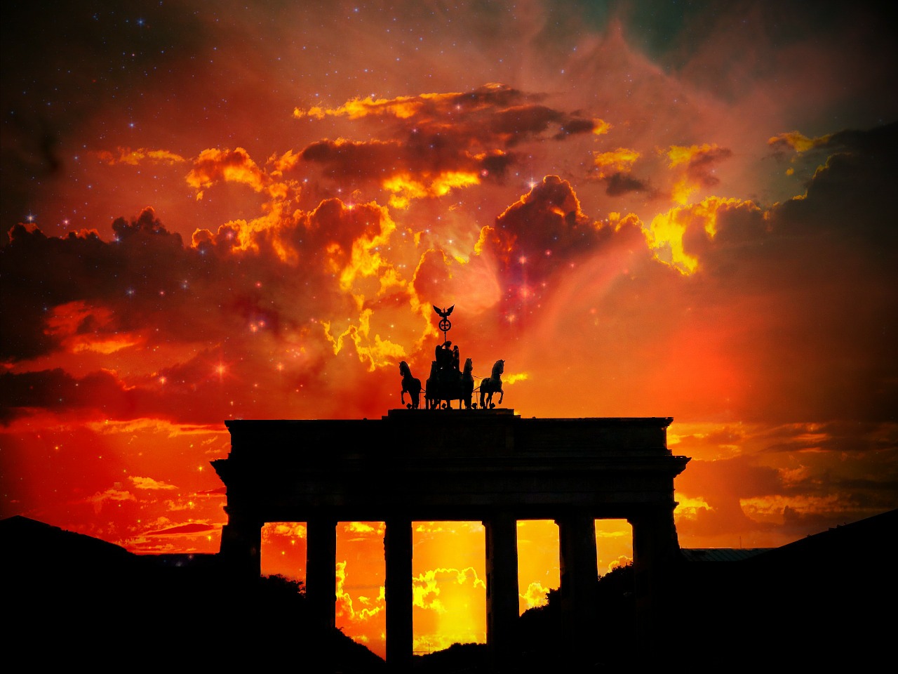 Brandenburger Tor, Berlynas, Vokietija, Miestas, Simbolis, Orientyras, Dramatiškas, Dangus, Debesys, Spalvinga