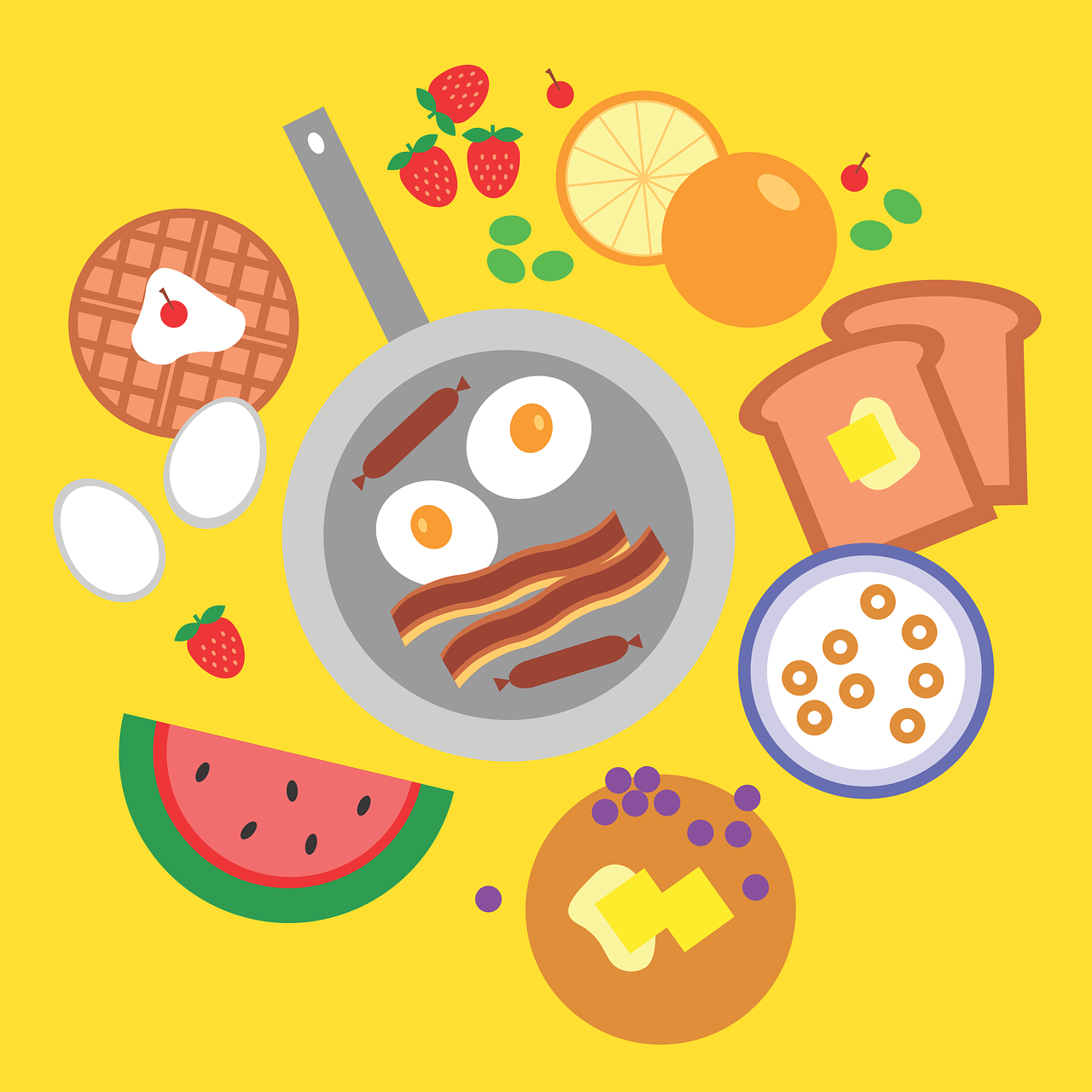 Pusryčiai, Kiaušiniai, Bacon, Maistas, Skrudinta Duona, Oranžinė, Javai, Vaflė, Arbūzas, Blynas