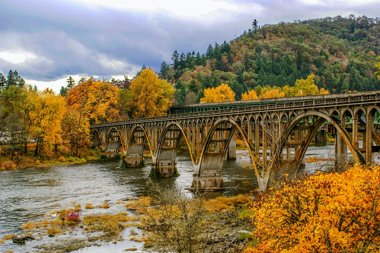 Tiltas, Kritimas, Upė, Lapai, Ruduo, Krito Medžiai, Geltona, Oranžinė, Oregonas, Nemokamos Nuotraukos