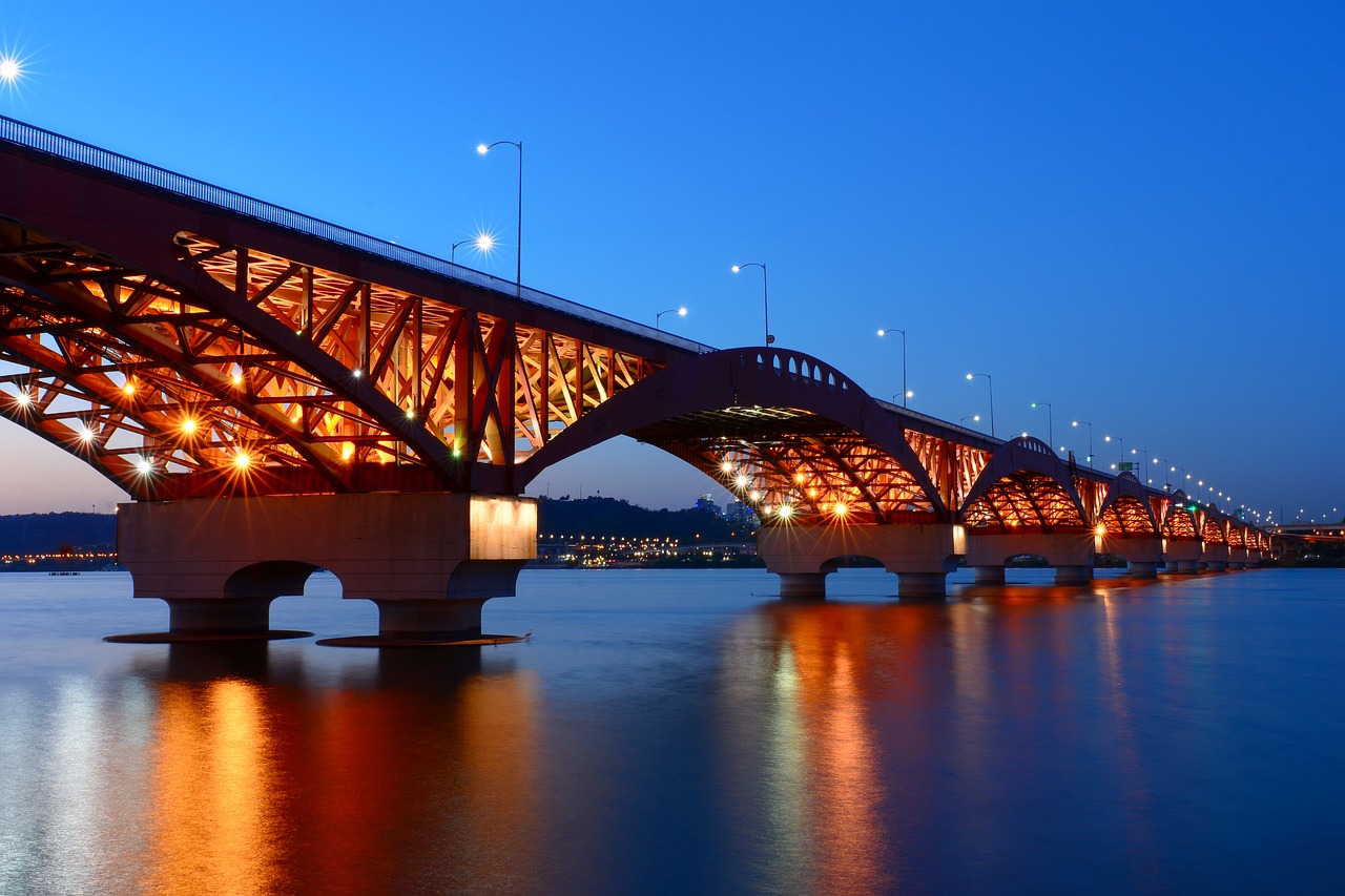 Tiltas, Korėja, Korėjos Respublika, Seulas, Han Upė, Sidabrinis Tiltas, Naktinis Vaizdas, Chapter Impressions, Upė, Atspindėti