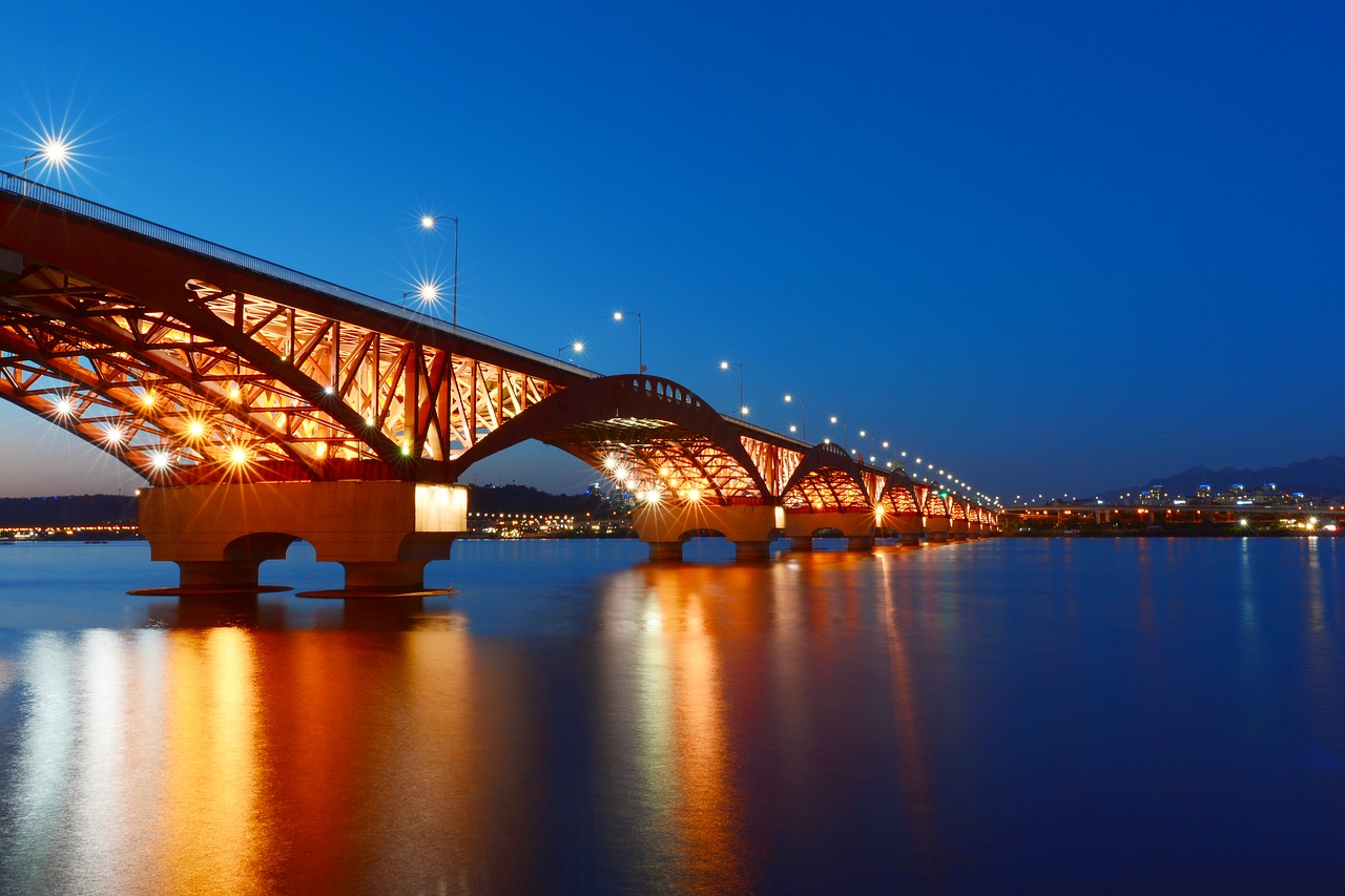 Tiltas, Korėja, Korėjos Respublika, Seulas, Han Upė, Sidabrinis Tiltas, Naktinis Vaizdas, Chapter Impressions, Upė, Atspindėti