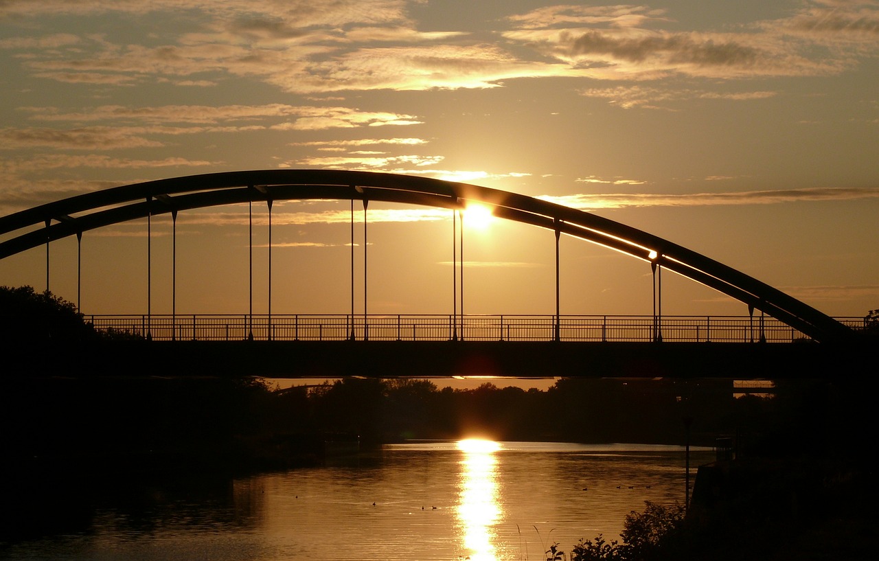 Tiltas, Dangus, Saulėlydis, Vandenys, Upė, Dusk, Atspindys, Saulė, Šviesa, Transporto Sistema