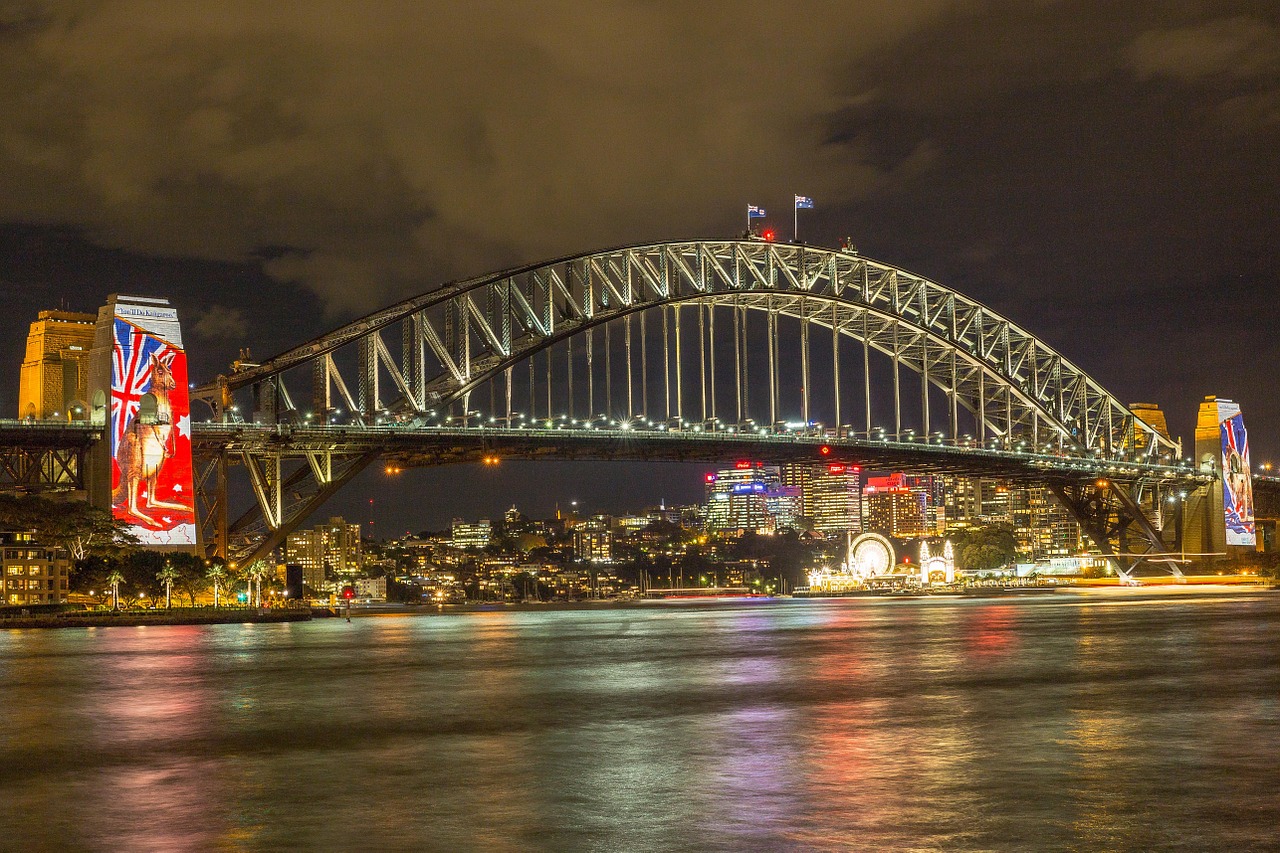 Tiltas, Sydneyharbour, Sidnėjus, Circularquay, Harbourbridge, Nightshot, Vanduo, Uostas, Uostas, Miestas