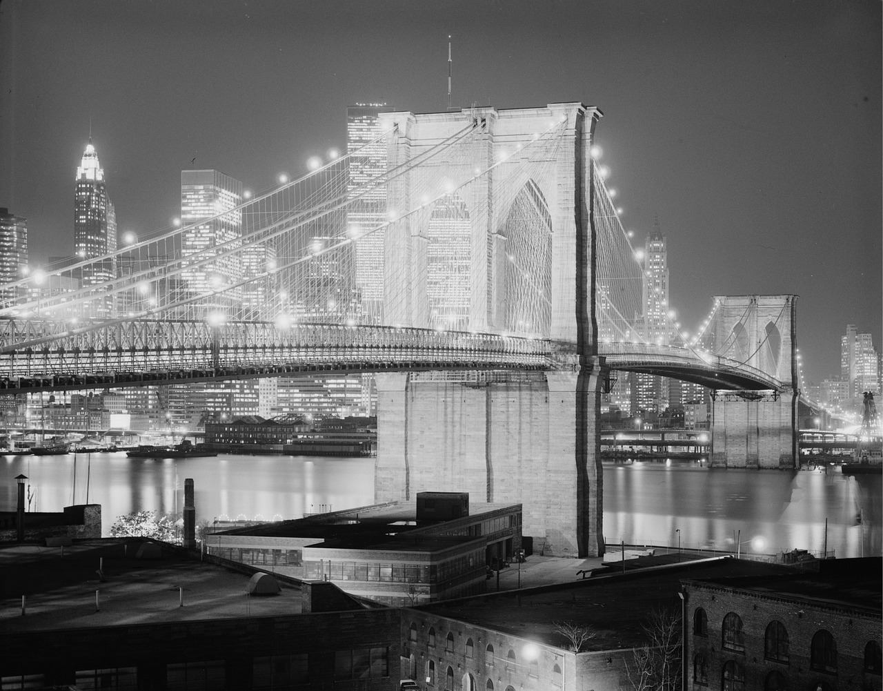 Bruklino Tiltas, 1982, Niujorkas, Naktis, Vakaras, Tiltas, Architektūra, Upė, Hudson, Panorama