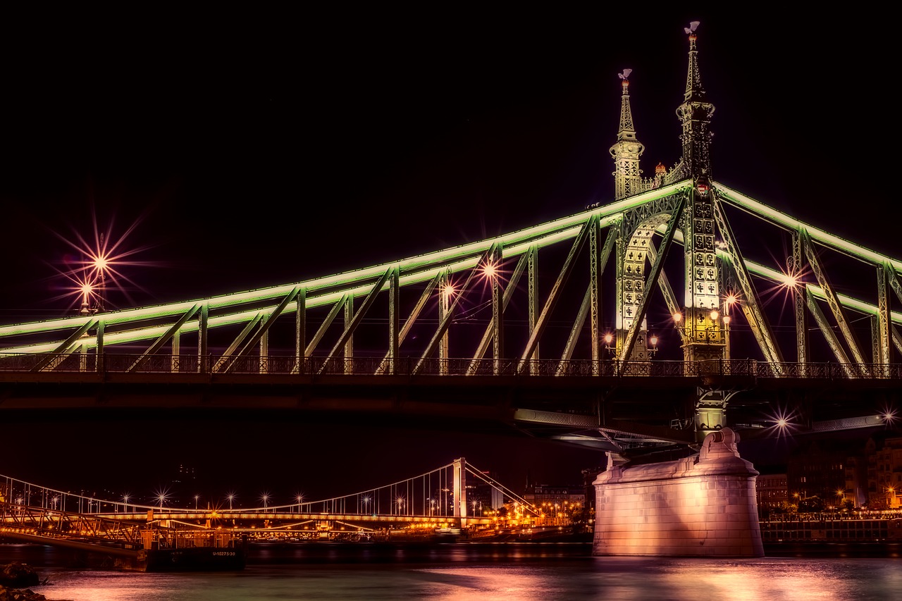 Budapest, Vengrija, Laisvės Tiltas, Orientyras, Istorinis, Upė, Naktis, Vakaras, Žibintai, Švytėjimas