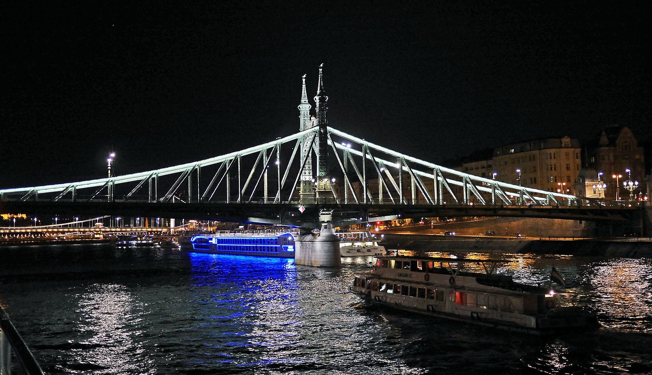Budapest Naktį, Laisvės Tiltas, Danube, Apšvietimas, Keleivinis Laivas, Neoninės Šviesos, Mėlynas, Veidrodis, Juda, Banga