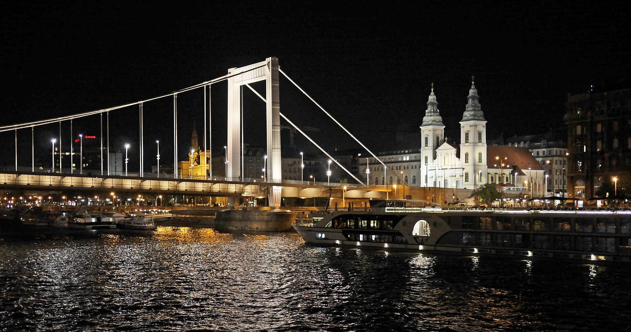 Budapest Naktį, Elizabeth Tiltas, Kabantis Tiltas, Danube, Danube Banko, Maras, Keleivinis Laivas, Kruizinis Laivas, Upės Kruizas, Miesto Bažnyčia