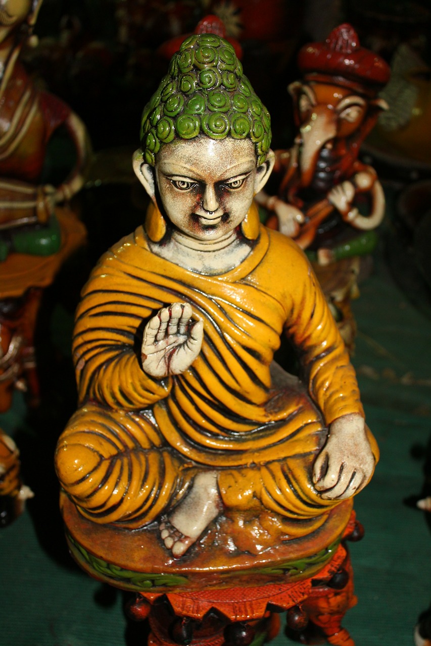 Buda, Keramika, Figūra, Žalias, Karūna, Geltona, Budizmas, Gautam, Religinis, Asija
