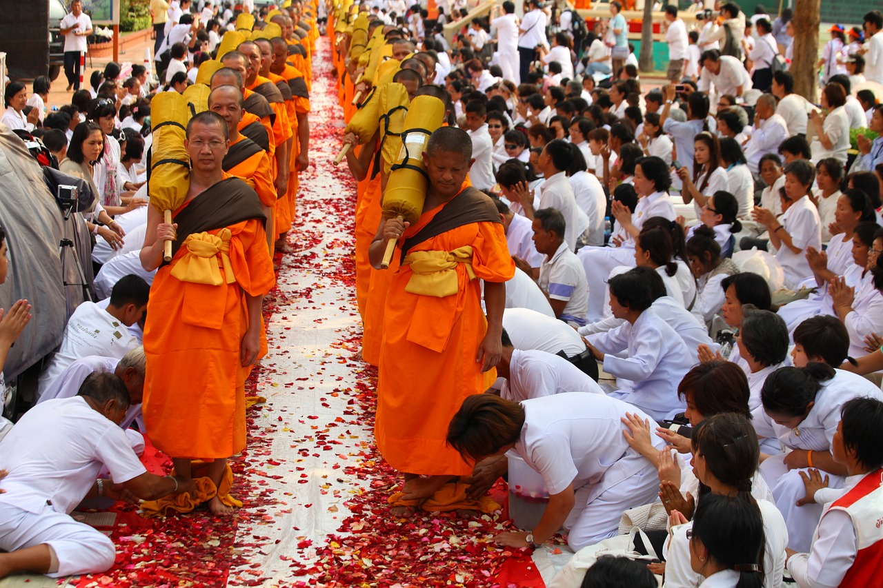 Budistams, Vienuoliai, Vaikščioti, Tradicija, Ceremonija, Tailandas, Tajų, Festivalis, Melstis, Wat