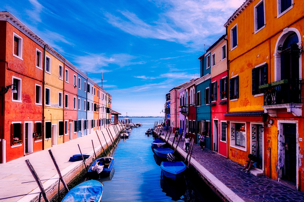 Burano, Venecija, Italy, Atostogos, Šventė, Turizmas, Spalvinga, Pastatai, Kanalas, Vanduo