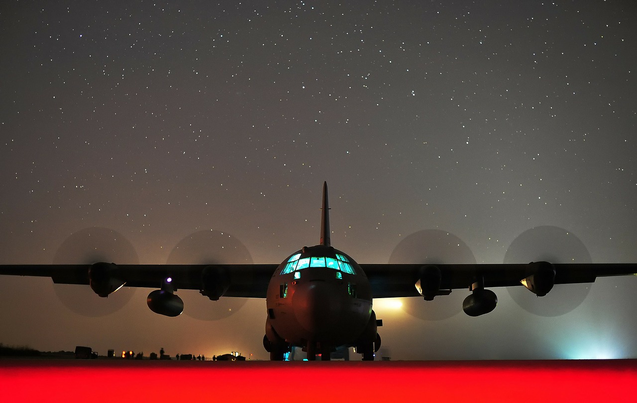 C-130J Hercules, Naktis, Vakaras, Žvaigždės, Dangus, Žibintai, Lėktuvas, Lėktuvas, Kroviniai, Kariuomenė