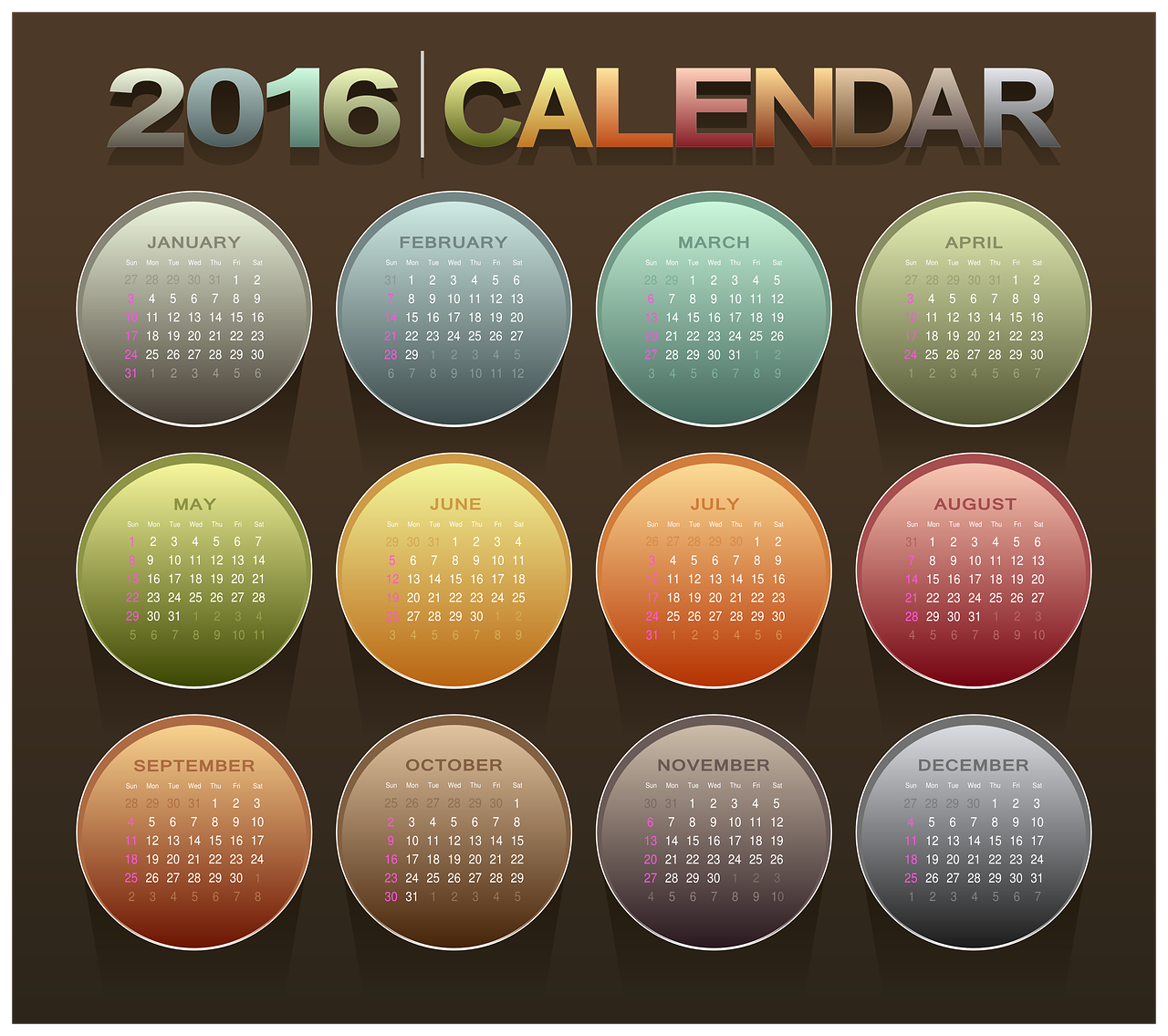 Kalendorius, 2016, Naujieji Metai, Spalvinga, Diskas, Data, Mėnuo, Kas Mėnesį, Savaitę, Diena