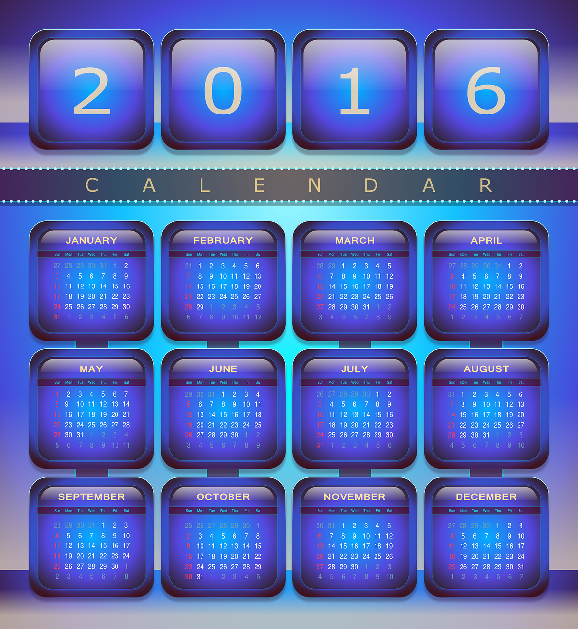 Kalendorius, 2016, Naujieji Metai, Spalvinga, Kvadratas, Data, Mėnuo, Kas Mėnesį, Savaitę, Diena