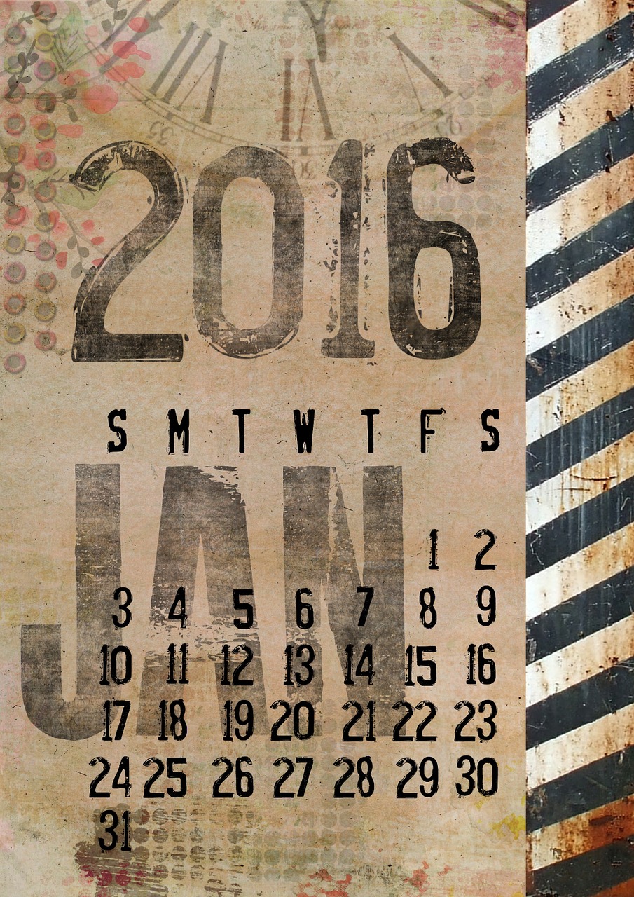 Kalendorius, 2016, Sausis, Grunge, Kas Mėnesį, Diena, Dienoraštis, Mėnuo, Biuras, Planuotojas