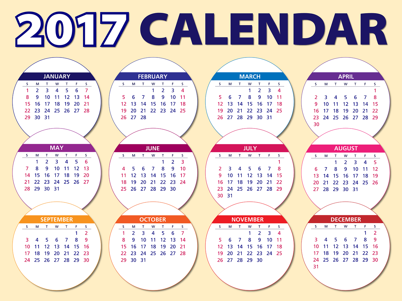 Kalendorius, 2017, Darbotvarkė, Tvarkaraštis, Planą, Apskritimai, Savaitės, Mėnesių, Metai, Sausis