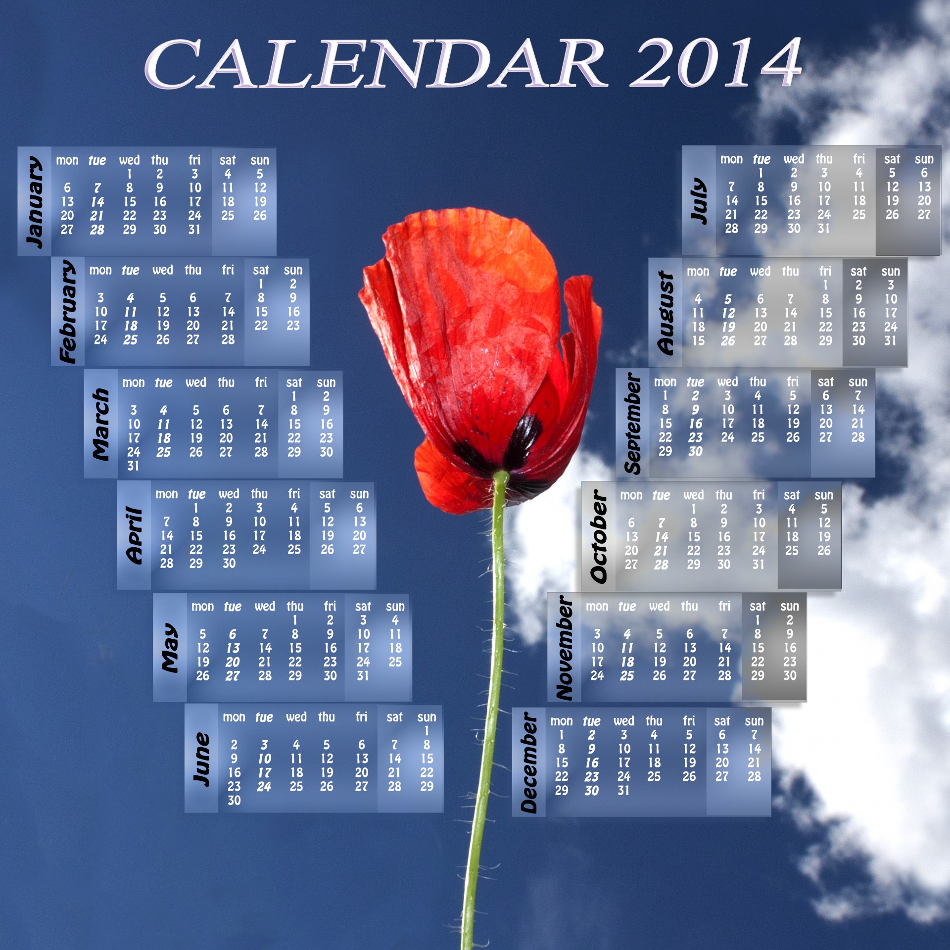 Kalendorius,  2014,  Aguona,  Raudona,  Mėlynas,  Spalva,  Dangus,  Gamta,  Debesys,  Gėlė