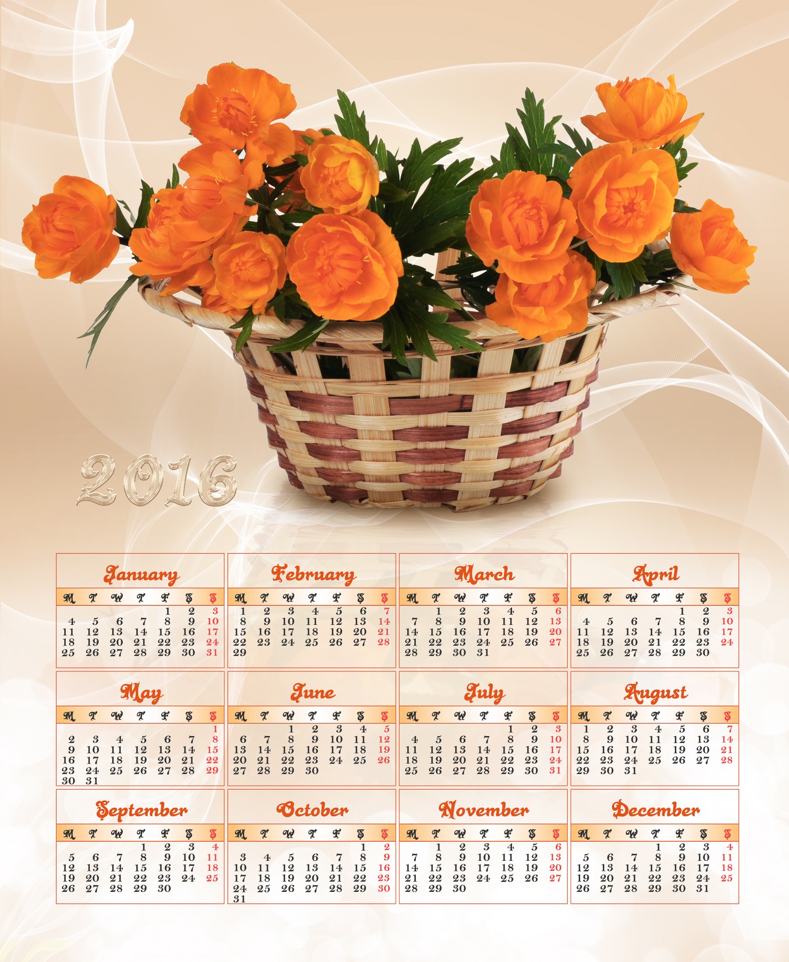 Kalendorius,  2016,  Gėlės,  Gėlė,  Krepšelis,  Fonas,  Abstraktus,  Vasara,  Pavasaris,  Oranžinė