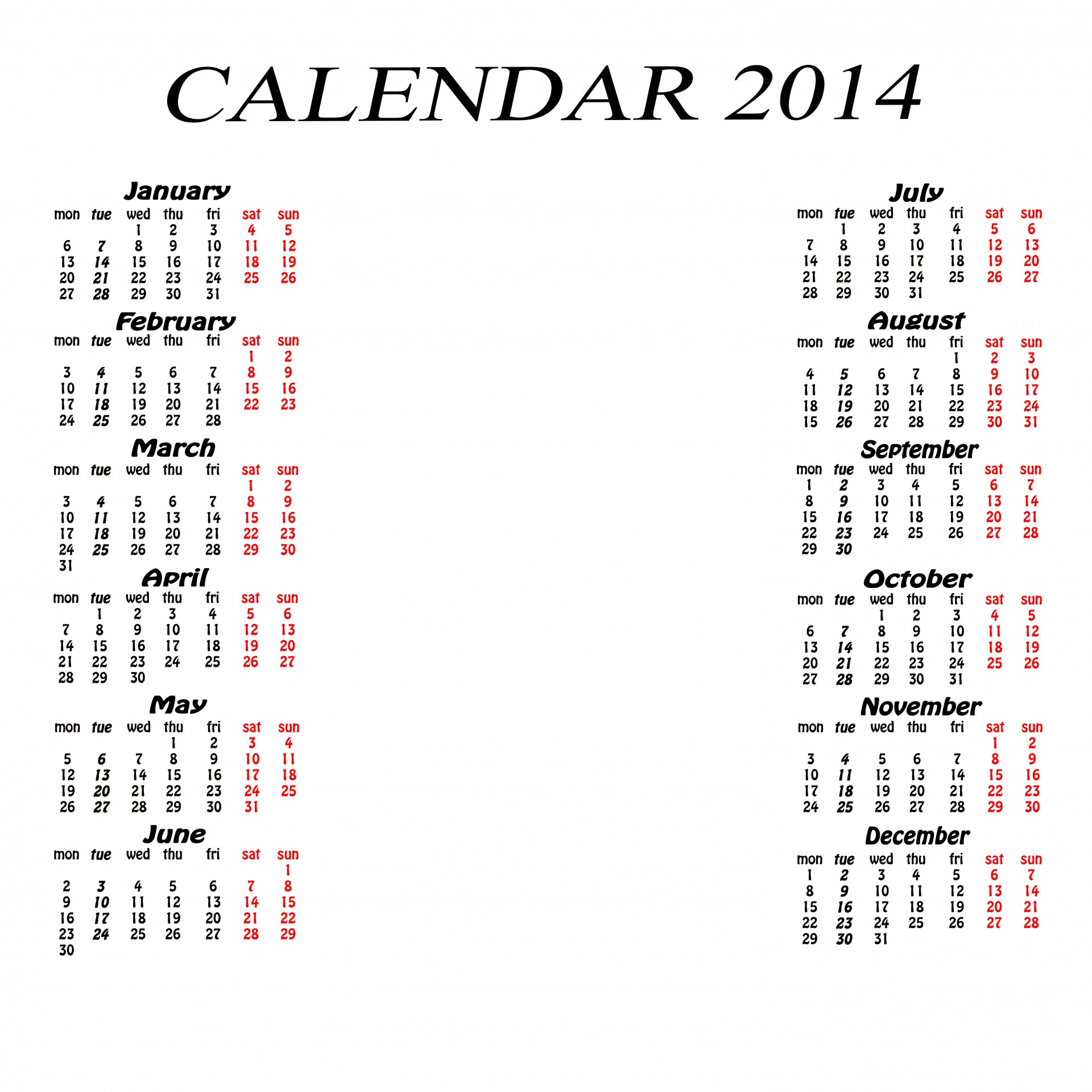 Kalendorius & Nbsp,  2014,  Kalendorius,  2014,  Balta,  Juoda,  2014 M. Kalendorius, Nemokamos Nuotraukos,  Nemokama Licenzija