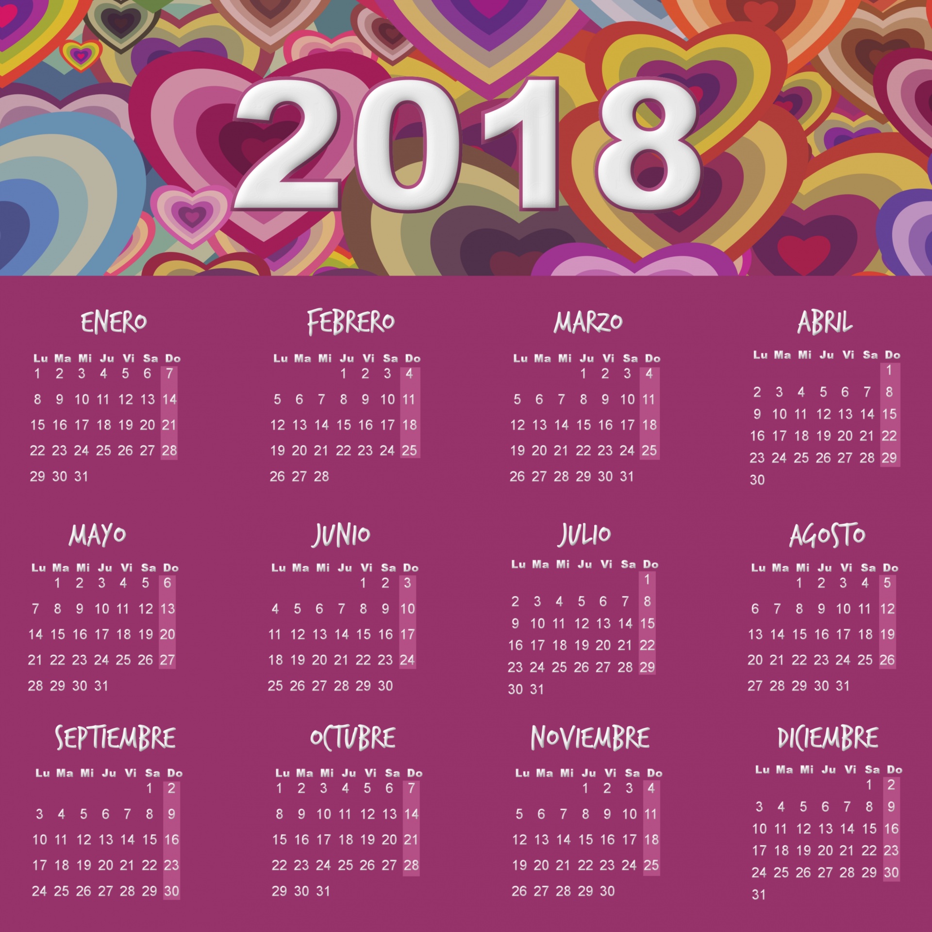 2018 & Nbsp,  Kalendorius,  Dienos,  Mėnesių,  Savaitės,  Širdis,  Spalvos,  2018 Kalendorius, Nemokamos Nuotraukos,  Nemokama Licenzija