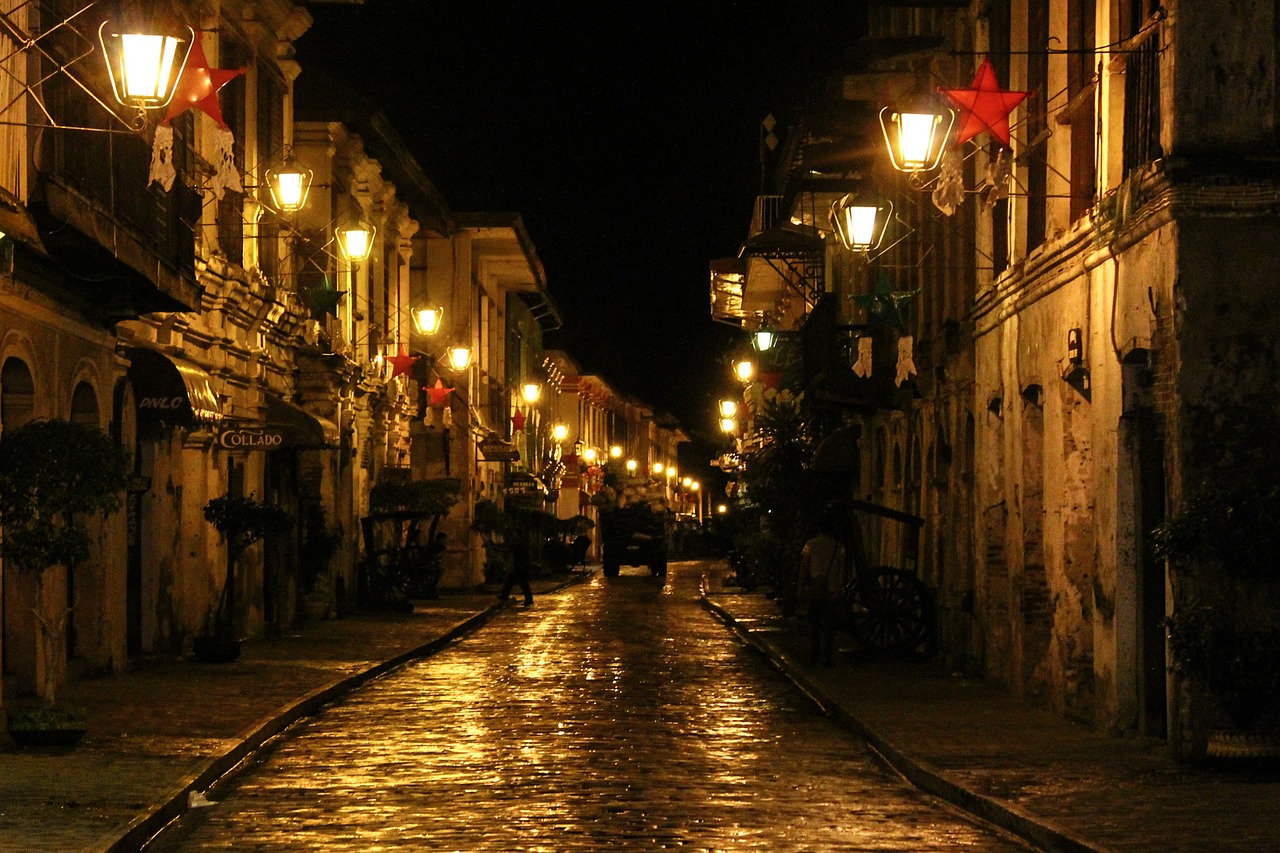 Calle Crisologo, Gatvės Lempa, Gatvės Šviesos, Naktinis Vaizdas, Ilocos, Vigan, Naktis, Filipinai, Asija, Vakaras