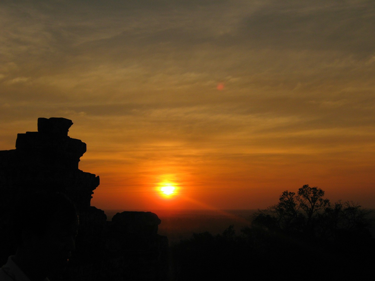 Kambodža, Saulė, Saulėlydis, Angkor Wat, Dangus, Oranžinė, Raudona, Saulės Spinduliai, Horizontas, Vakaras