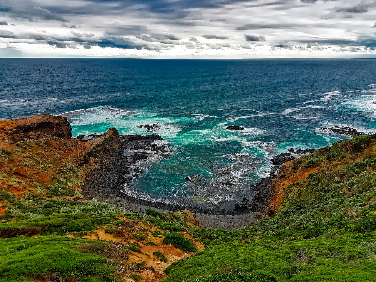 Cape Schanck, Australia, Cove, Jūra, Vandenynas, Bangos, Saulėlydis, Dangus, Debesys, Uolos