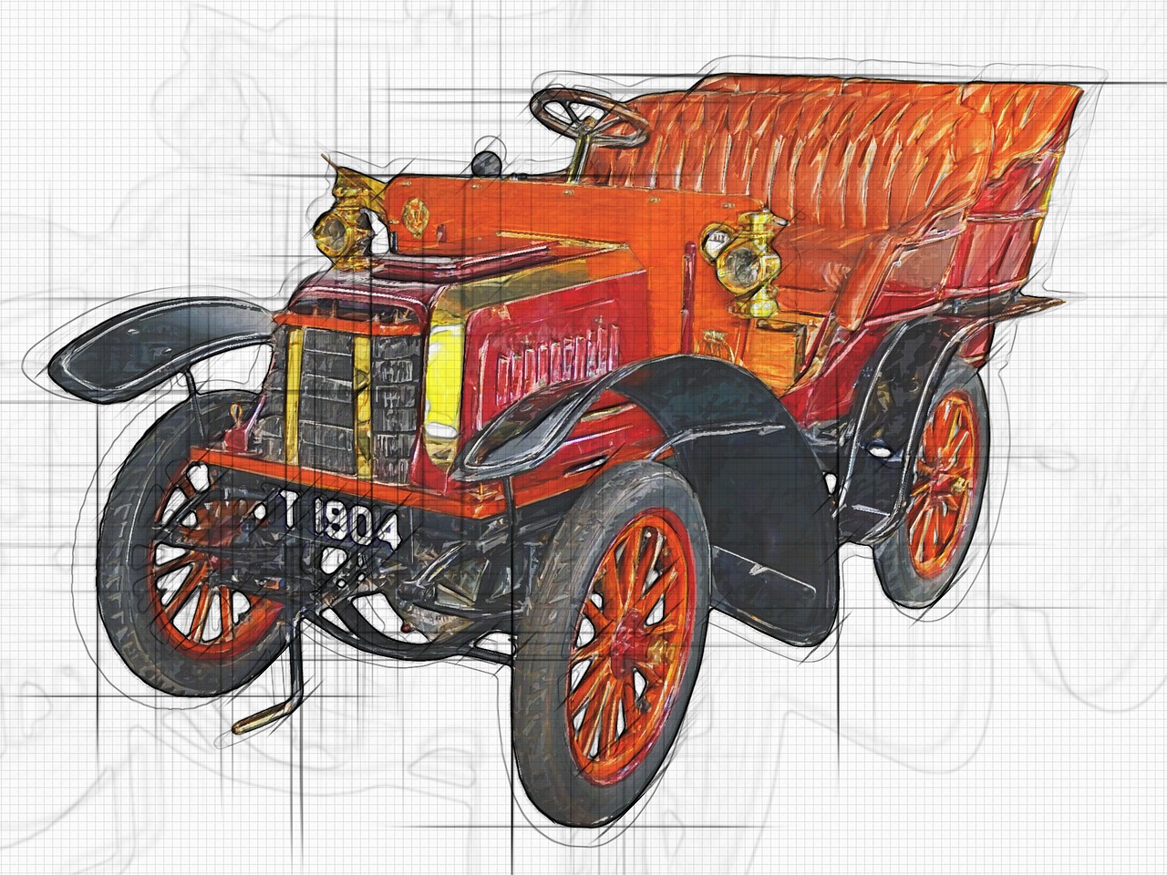 Automobilis, Britų Automobilis, Senas Automobilis, 1904 Imperijos, Senas Laikmatis, Chrysler, Transportas, Skaitmeninis Eskizas, Skaitmeninė Tapyba, Nemokamos Nuotraukos