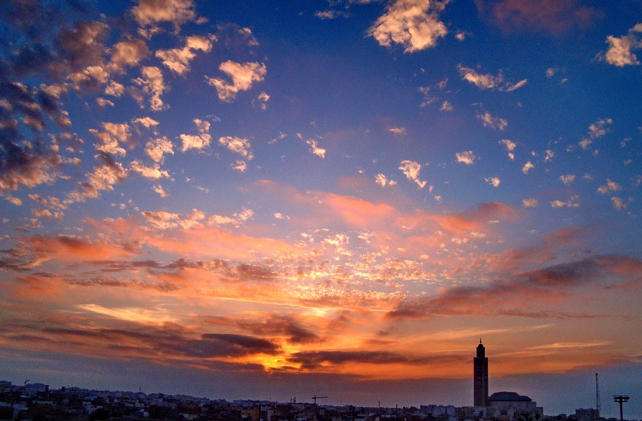 Casablanca, Marokas, Afrikoje, Mečetė, Minaretas, Hassan Ii, Hasan Ii Mečetė, Saulėlydžio, Dangus, Debesys