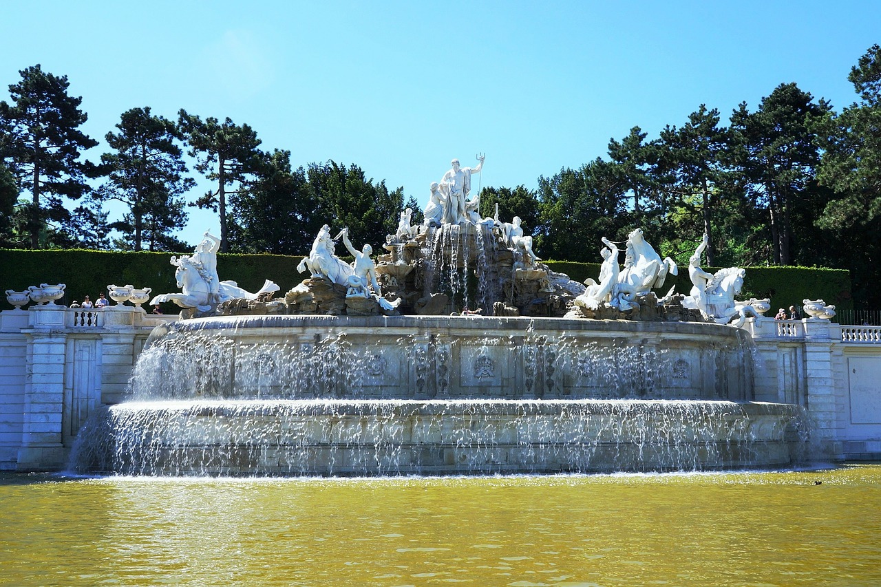 Pilies Parkas, Schönbrunn, Vanduo, Mėlynas Dangus, Fontanas, Vienna, Austria, Pilis, Schoenbrunn Neptunbrunnen, Gražus