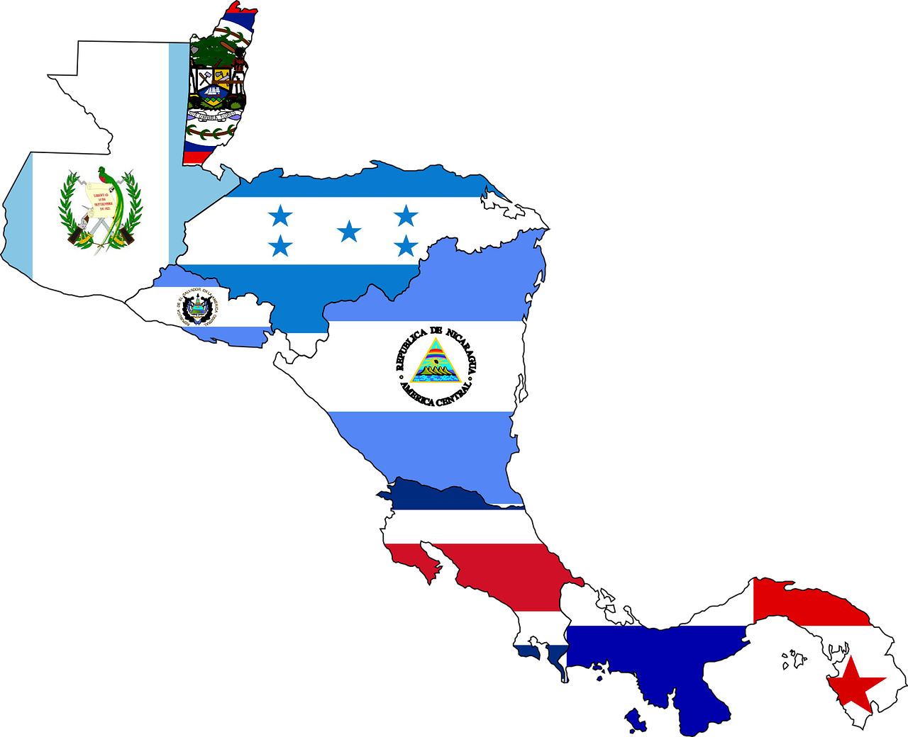 Centrinė Amerika, Žemėlapis, Vėliava, Žemynas, Geografija, Panama, Belizas, Hondūras, Nikaragva, Kosta Rika