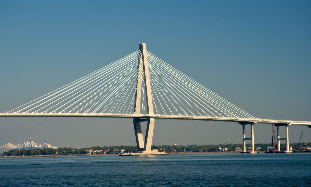 Charleston, Pietų Karolina, Įlanka, Vanduo, Įėjimas, Tiltas, Kabantis Tiltas, Plieniniai Kabeliai, Usa, Architektūra