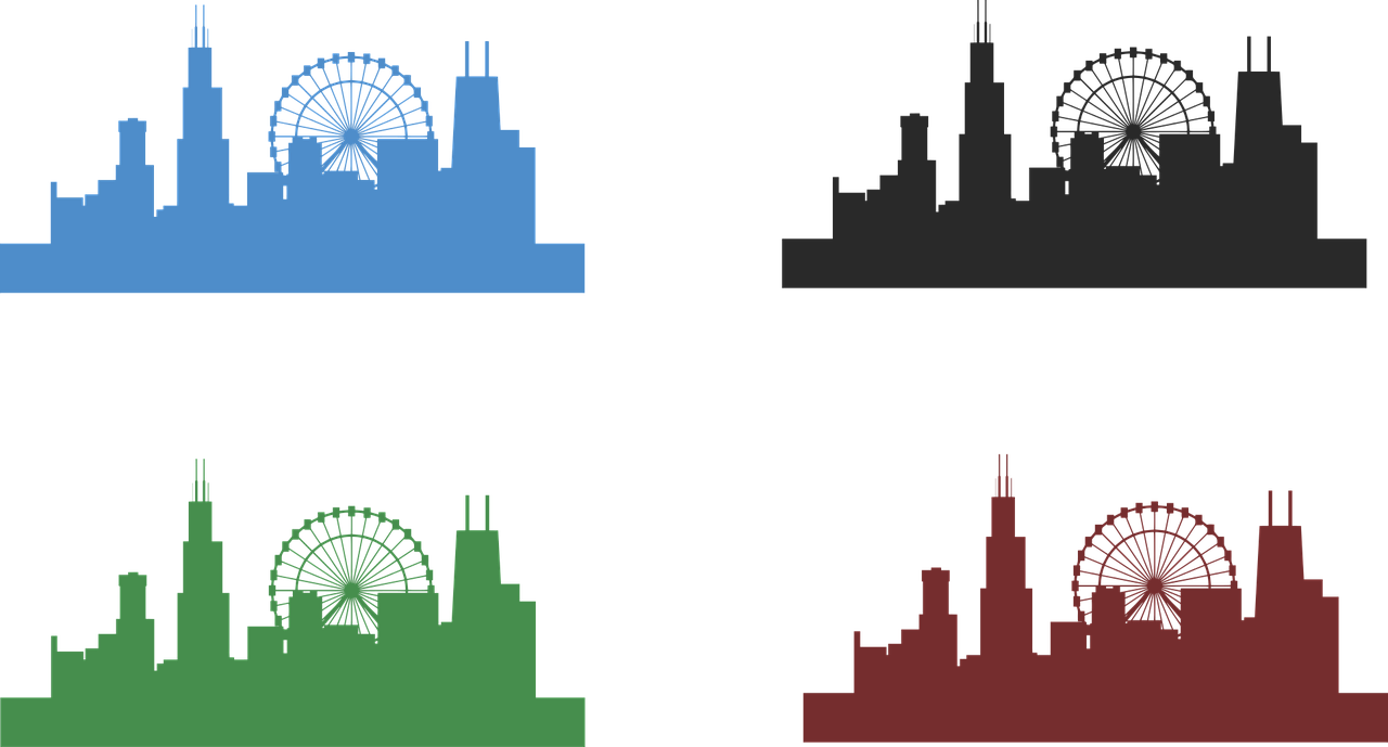 Chicago Skyline, Miestas, Architektūra, Bokštas, Illinois, Usa, Centro, Tvenkinys, Ferris Ratas, Nemokama Vektorinė Grafika