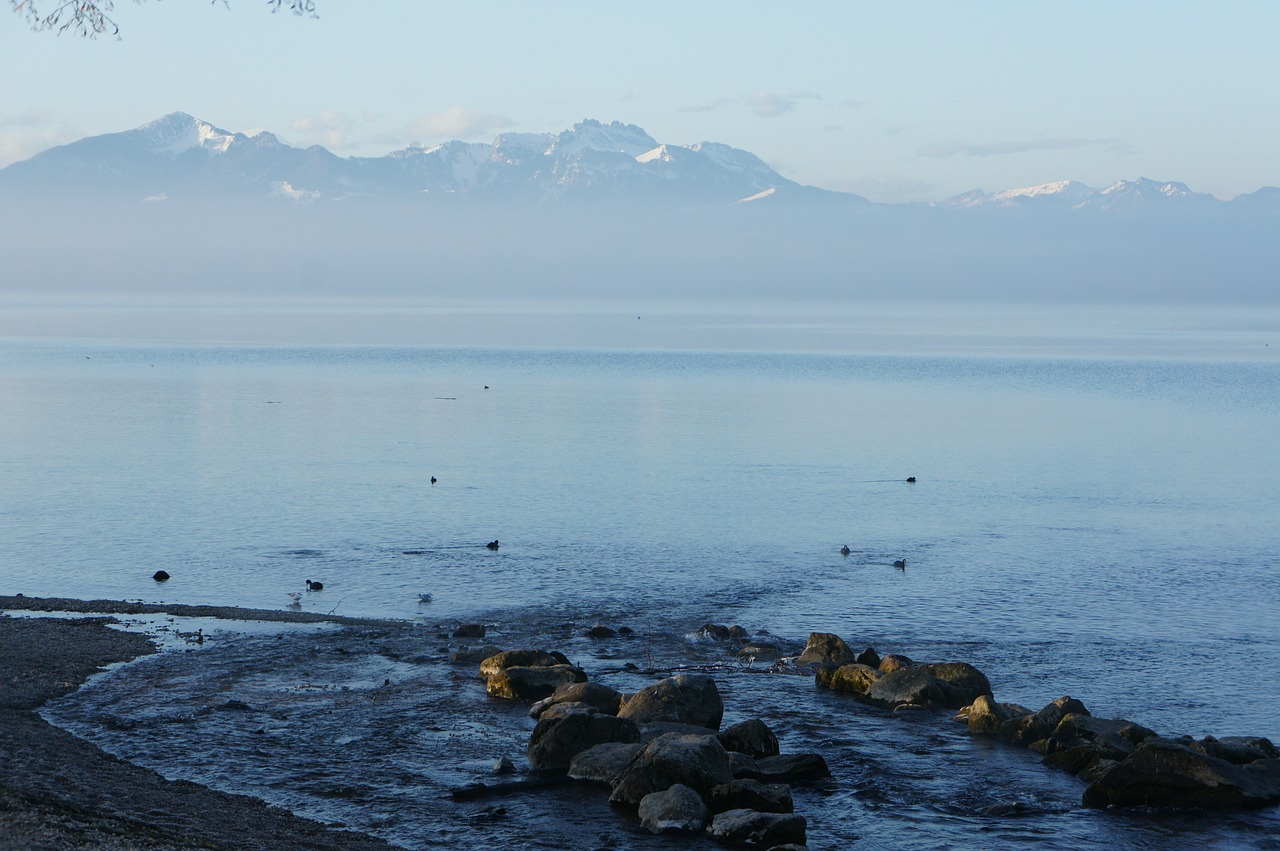 Chiemsee, Nuotaika, Ežeras, Vanduo, Kalnai, Sniegas, Žiema, Šlapias, Bankas, Gamta