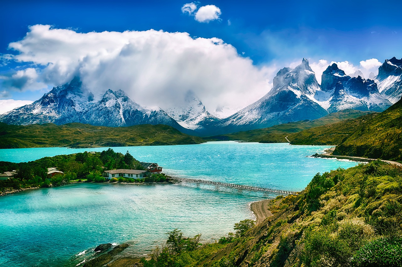 Čile, Kraštovaizdis, Dangus, Debesys, Kalnai, Sniegas, Ežeras, Upė, Vanduo, Apmąstymai